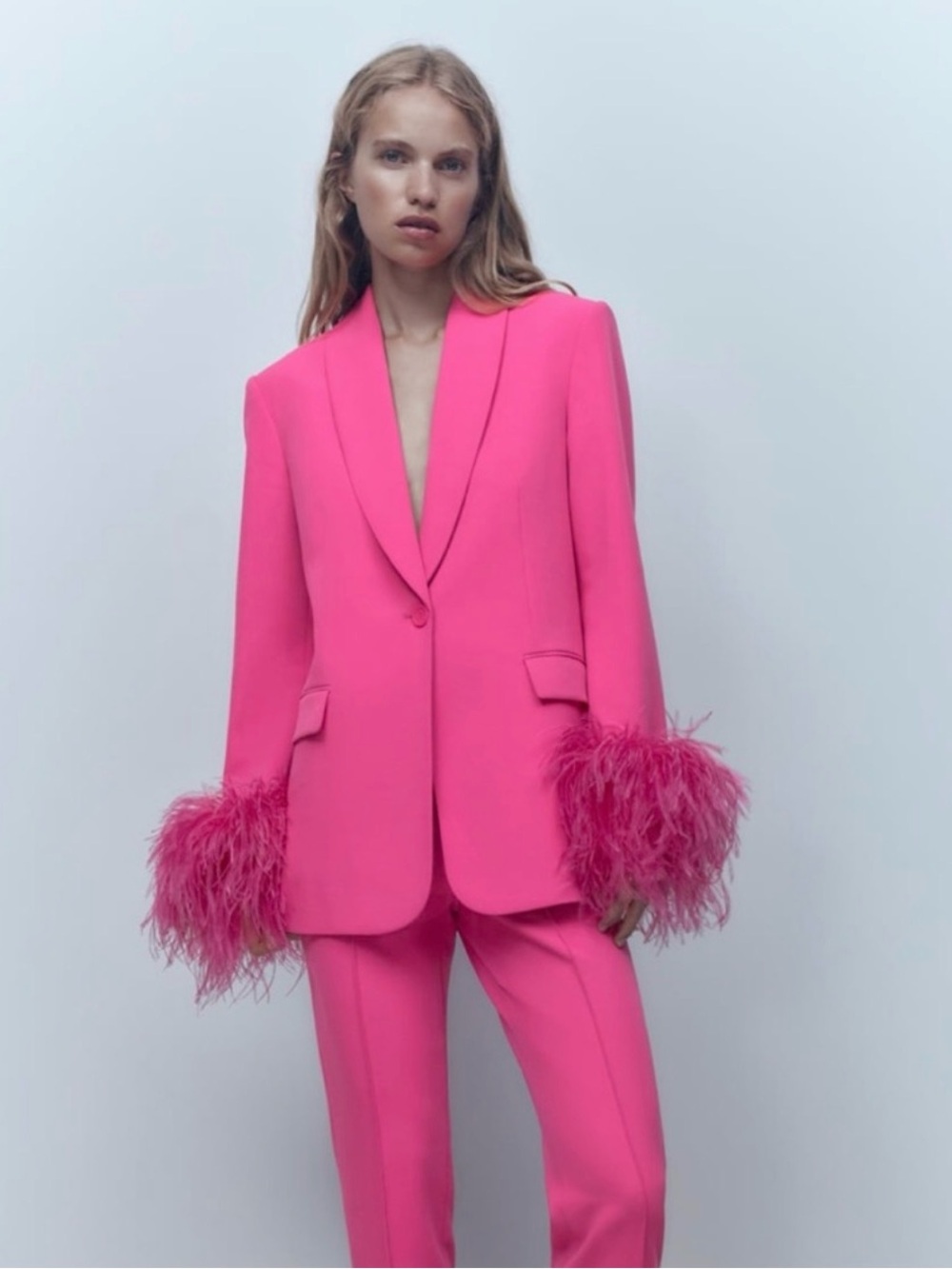 Blogger Favorite Zara Pink Feather-Cuff Women's Blazer Jacket XXL